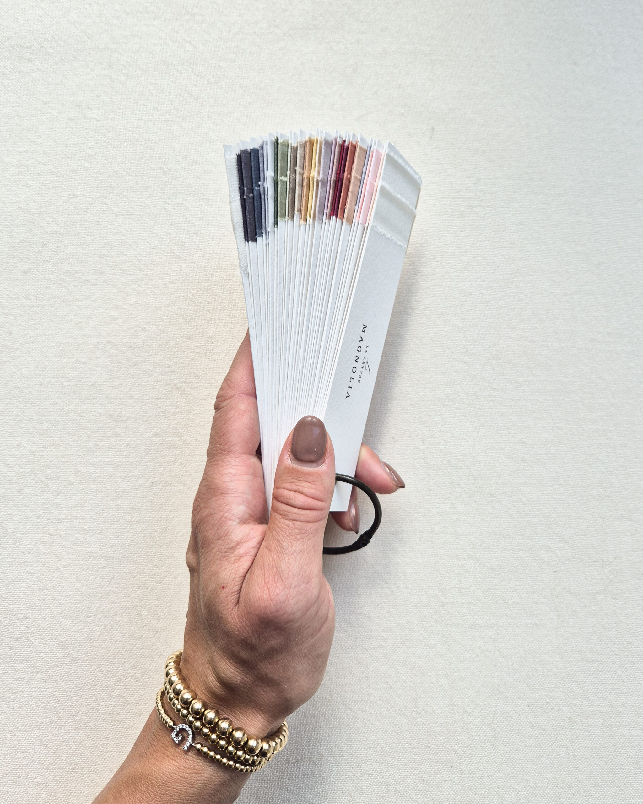 Compacte kleurenwaaier van La Lettre Lint met handgeverfde zijden lintstalen, vastgehouden in een hand om het formaat te tonen.