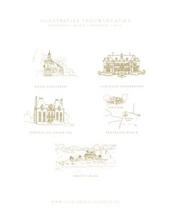 La Lettre Kalligrafie illustraties trouwlocaties Bruiloft uitnodigingen Kapel Staverden Landgoed Rhederoord Chateau Du Grand Val Tropezina Beach Amante Ibiza