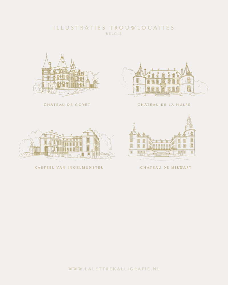 La Lettre Kalligrafie illustraties tekening trouwlocaties locatie Bruiloft uitnodigingen illustration venue sketch wedding wedding venue Chateau de Goyet Chateau de la Hulpe Kasteel van Ingelmunster Chateau de Mirwart