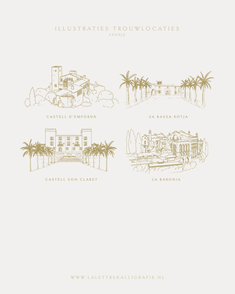 La Lettre Kalligrafie illustraties tekening trouwlocaties locatie Bruiloft uitnodigingen illustration venue sketch wedding wedding venue italy italie Castell d’emporda, Sa Bassa Rotja, Castell son Claret, La Baronia